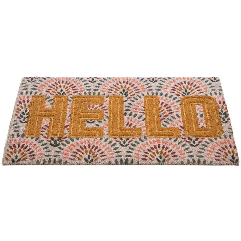 Brown and Pink "Hello" Floral Coir Outdoor Doormat 18" x 30" 30 On